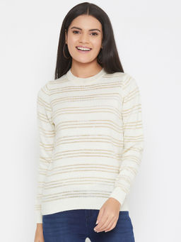 CRIMSOUNE CLUB - Off White Striped Round Neck Sweaters