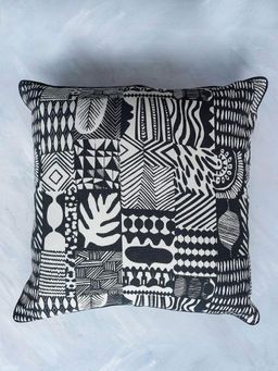 Freedom Tree - Patchwork Cotton Duck Black And White And Grey Cushion Cover - 24 X 24 Inches