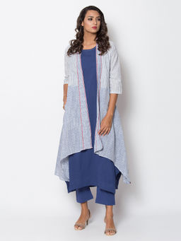 Biba - White Striped Kurta With Pants & Shrug (Set of 3)