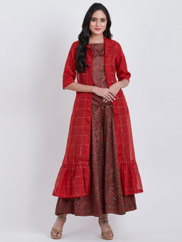 Biba - Red Checks Top With Palazzo & Shrug (Set of 3)