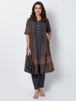 Biba - Charcoal Printed Kurta With Pants & Jacket (Set of 3)