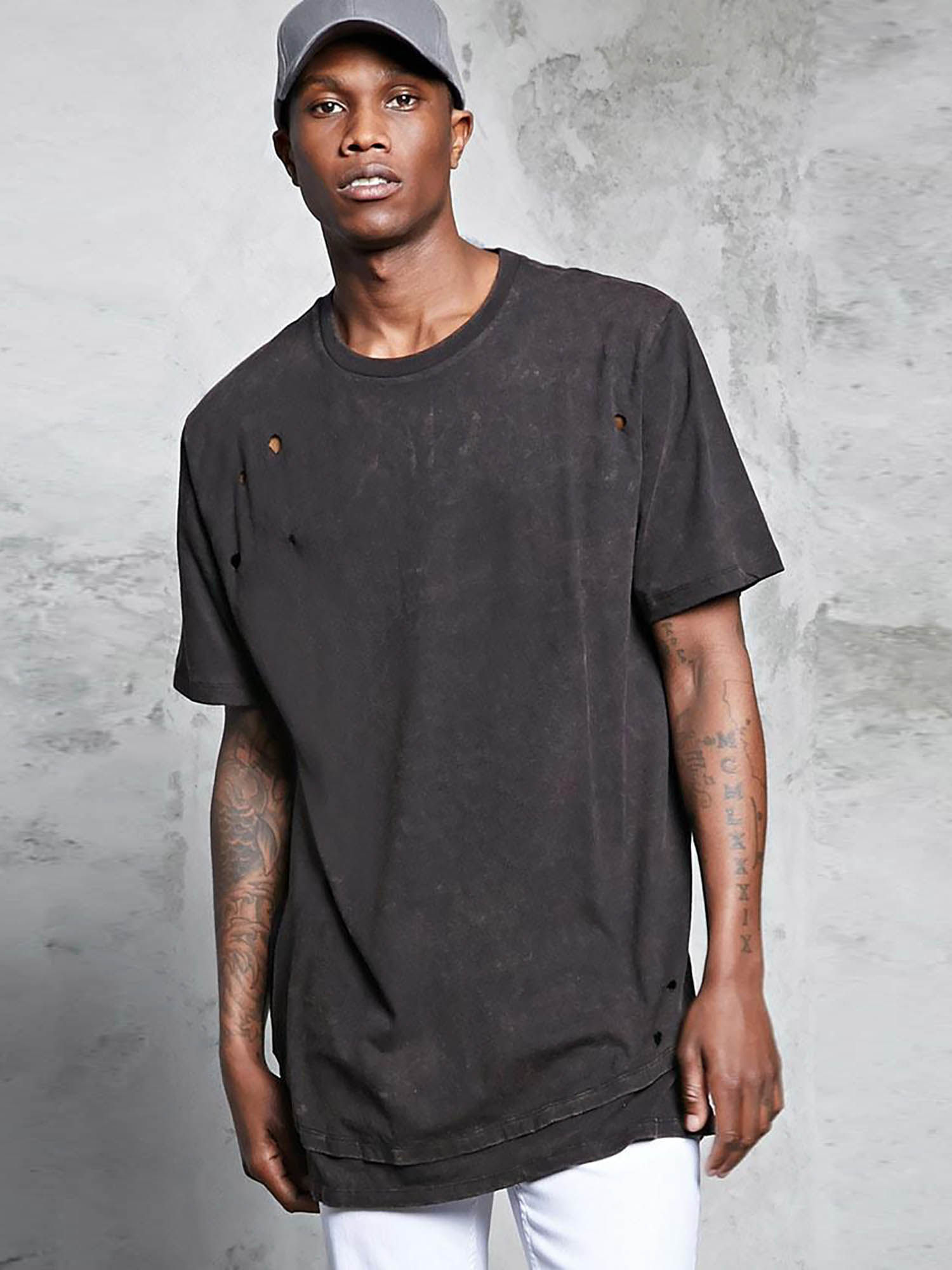 Solid Distressed Crew Neck Tee 