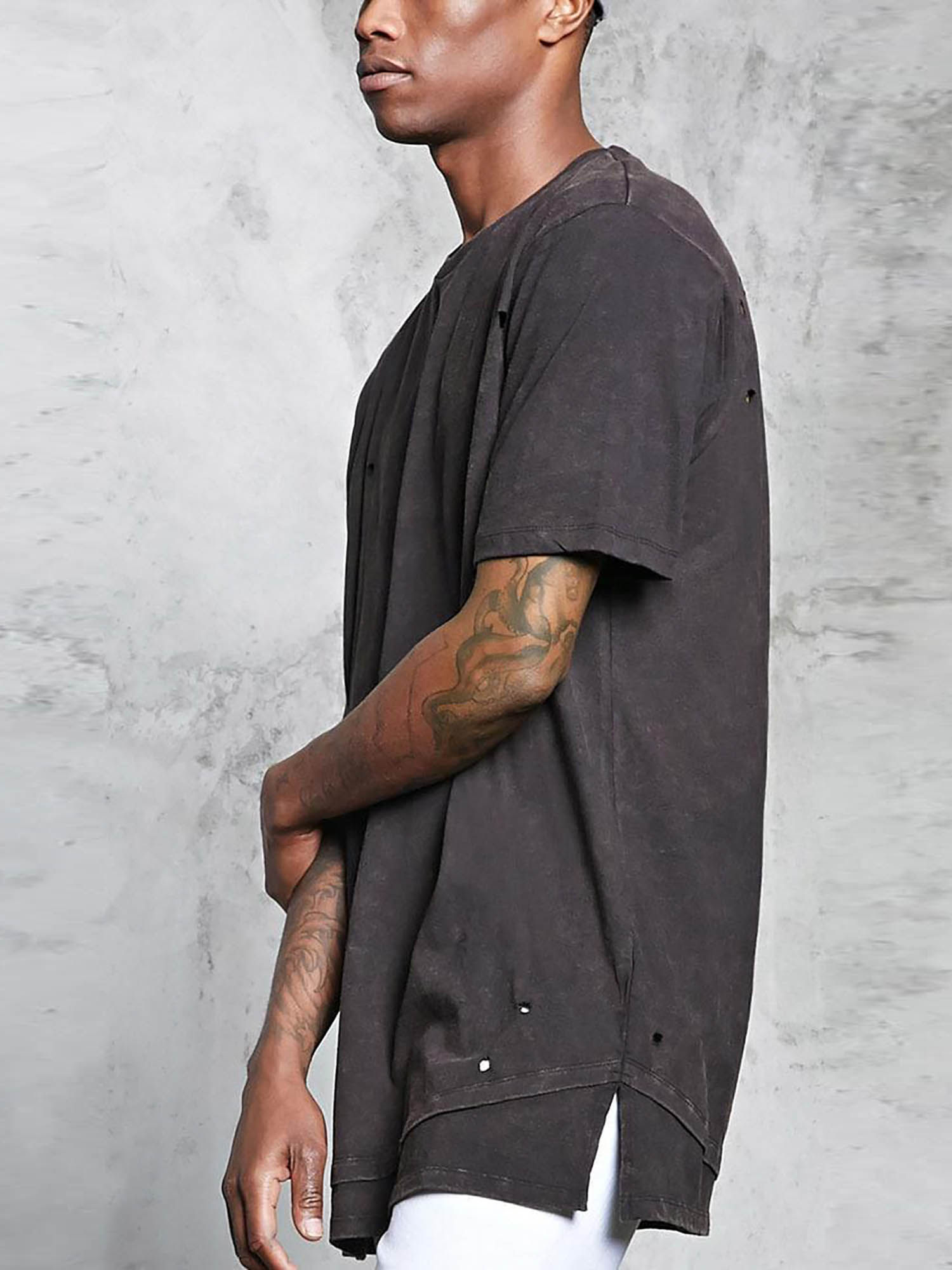 Solid Distressed Crew Neck Tee 