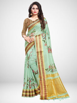Sareemall - Sea Green Linen Printed Saree with Unstitched Blouse