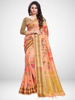 Sareemall - Peach Linen Printed Saree with Unstitched Blouse
