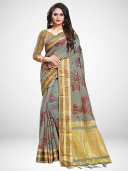 Sareemall - Olive Linen Printed Saree with Unstitched Blouse