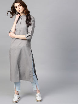 Gerua By Libas - Grey Solid One Side Pocket Cotton Straight Kurta