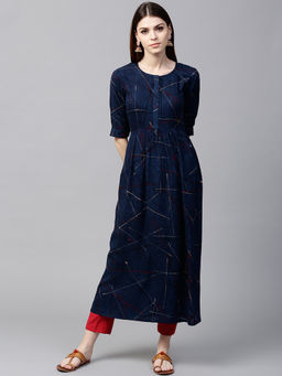 Gerua By Libas - Navy Blue Printed Rayon Anarkali Kurta