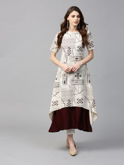 Gerua By Libas - Off White Printed Cotton Aline Double Layered Kurta