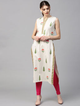 Gerua By Libas - White Floral Cotton Khadi Straight Kurta
