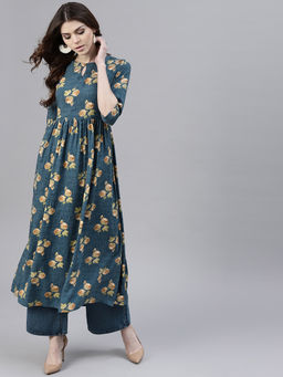 Gerua By Libas - Teal Floral Rayon Anarkali Kurta