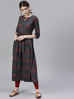 Gerua By Libas - Grey Animal Print Rayon Anarkali Kurta