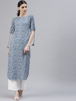 Gerua By Libas - Blue Stripes Rayon Pathani Kurta