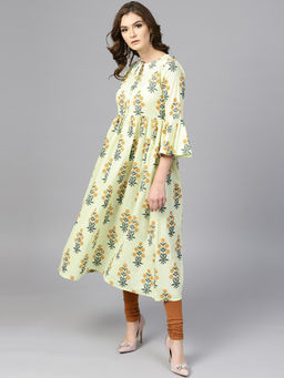 Gerua By Libas - Yellow Floral Cotton Anarkali Kurta
