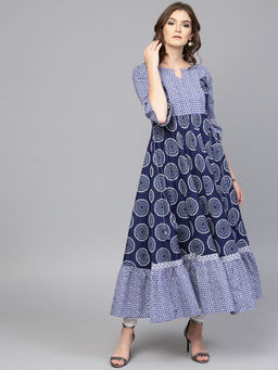 Gerua By Libas - Blue Printed Cotton Anarkali Kurta