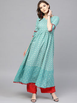 Gerua By Libas - Turquoise Printed Cotton Anarkali Kurta