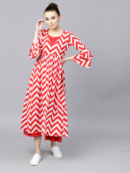 Gerua By Libas - Red Georgette Chevron Print Layered Dress