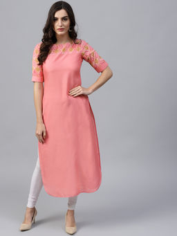 Gerua By Libas - Pink Solid Cotton Pathani Kurta