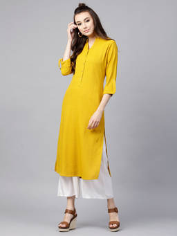 Gerua By Libas - Yellow Polyester Solid Straight Kurta With One Side Pocket