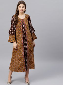 Gerua By Libas - Brown Cotton Printed Aline Dress