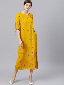 Gerua By Libas - Yellow Rayon Printed Aline Dress With One Side Pocket