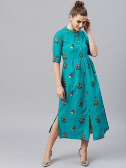 Gerua By Libas - Teal Printed Viscose Rayon Flared Dress
