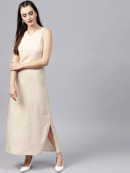 Gerua By Libas - Beige Stripes Aline One Side Slit Dress