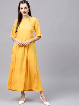 Gerua By Libas - Yellow Crepe Solid Aline Pleated Dress