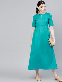 Gerua By Libas - Turquoise Solid Cotton Aline Dress