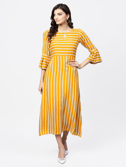 Gerua By Libas - Yellow Stripes Rayon Aline Dress