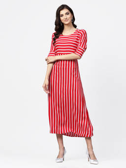 Gerua By Libas - Red Stripes Rayon Aline Dress