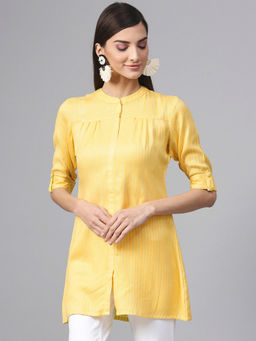 Gerua By Libas - Yellow Rayon Striped Aline Kurti