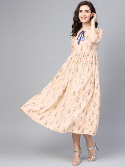Gerua By Libas - Beige Floral Rayon Fit And Flared Dress