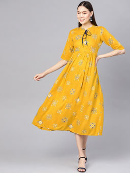 Gerua By Libas - Mustard Printed Rayon Fit And Flared Dress