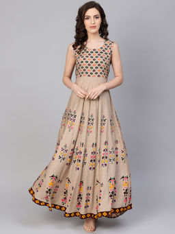 Gerua By Libas - Beige Printed Rayon Anarkali Dress