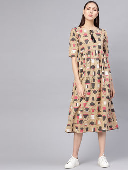 Gerua By Libas - Beige Printed Cotton Fit And Flared Dress