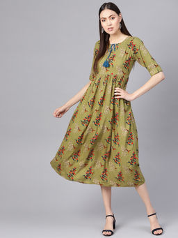 Gerua By Libas - Olive Printed Rayon Fit And Flared Dress
