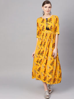 Gerua By Libas - Mustard Floral Rayon Fit And Flared Dress