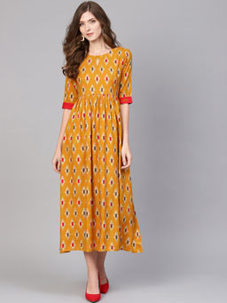 Gerua By Libas - Mustard Printed Rayon Fit And Flared Dress