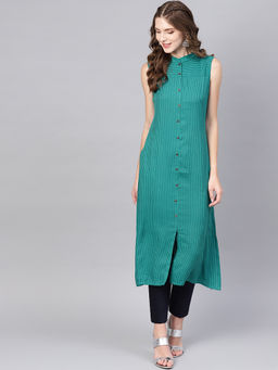 Gerua By Libas - Teal Stripes Rayon Aline Kurta