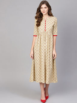 Gerua By Libas - Beige Floral Cotton Aline Fit And Flared Dress