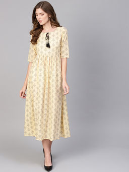 Gerua By Libas - Yellow Printed Cotton Aline Fit And Flared Dress