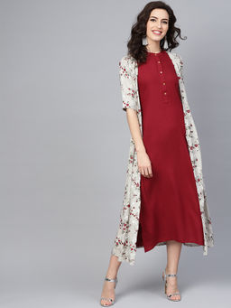 Gerua By Libas - Multi-Color Floral Rayon Straight Dress With Long Shurg (Set of 2)