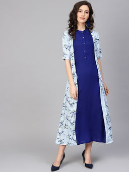 Gerua By Libas - Blue Floral Rayon Straight Dress With Long Shurg (Set of 2)