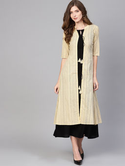 Gerua By Libas - Beige Printed Rayon Aline Dress With Long Shurg (Set of 2)