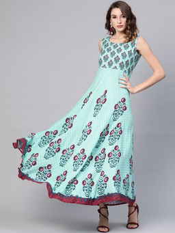 Gerua By Libas - Turquoise Printed Rayon Anarkali Dress