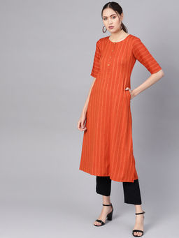 Gerua By Libas - Orange Stripes Rayon Self Aline Kurta With One Side Pocket
