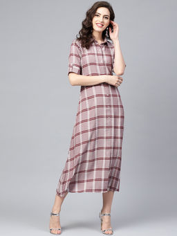 Gerua By Libas - Brown Checks Cotton Aline Dress