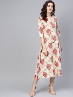 Gerua By Libas - Beige Checks Cotton Aline Dress