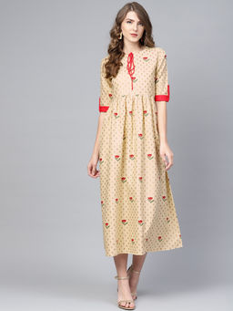 Gerua By Libas - Beige Printed Cotton Aline Fit And Flared Dress